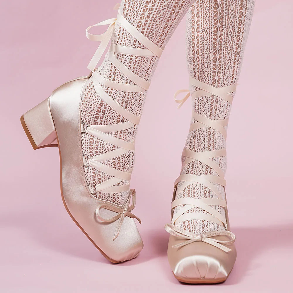 Brand Design Big Size 43 Sweet Pink Mary Jane Pumps Cross-tied Satin 9cm High Heels Ballet Shoes White Party Wedding Shoes Women
