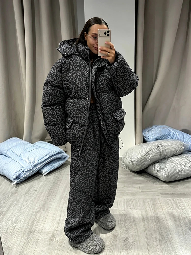 Women Leopard Print 2‑Piece Outfit Hooded Puffer Coat Wide Leg Pants Set Loose Warm Winter Street  Ladies Matching Outfit Suit