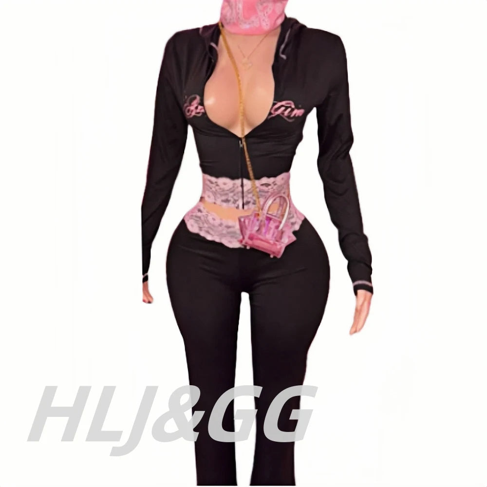 HLJ&GG Black Y2K Letter Printing Hooded Lace Splicing Two Piece Sets Women Zipper Long Sleeve Slim Top And Pants Outfits 2025
