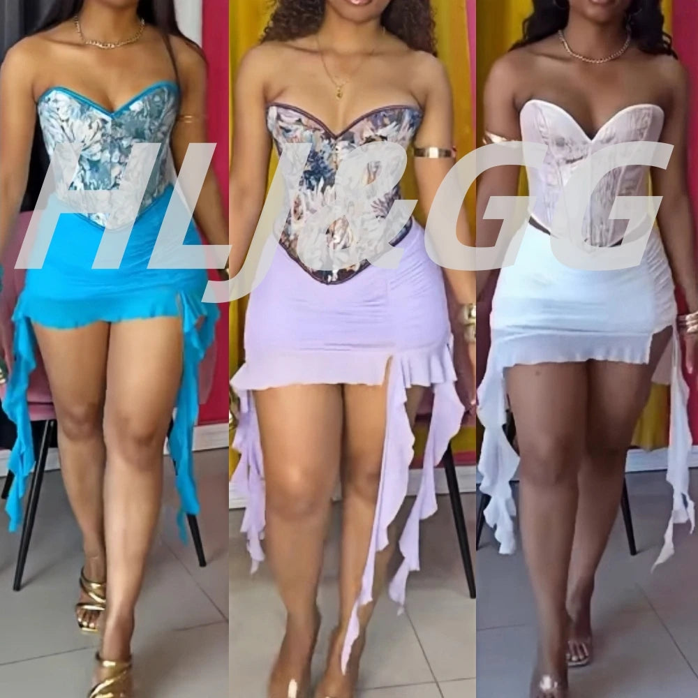 HLJ&GG Sexy Oil Print Style Retro Corset Two Piece Sets Women Off Shoulder Slim Crop Top And Ruffle Irregular Mini Skirt Outfits