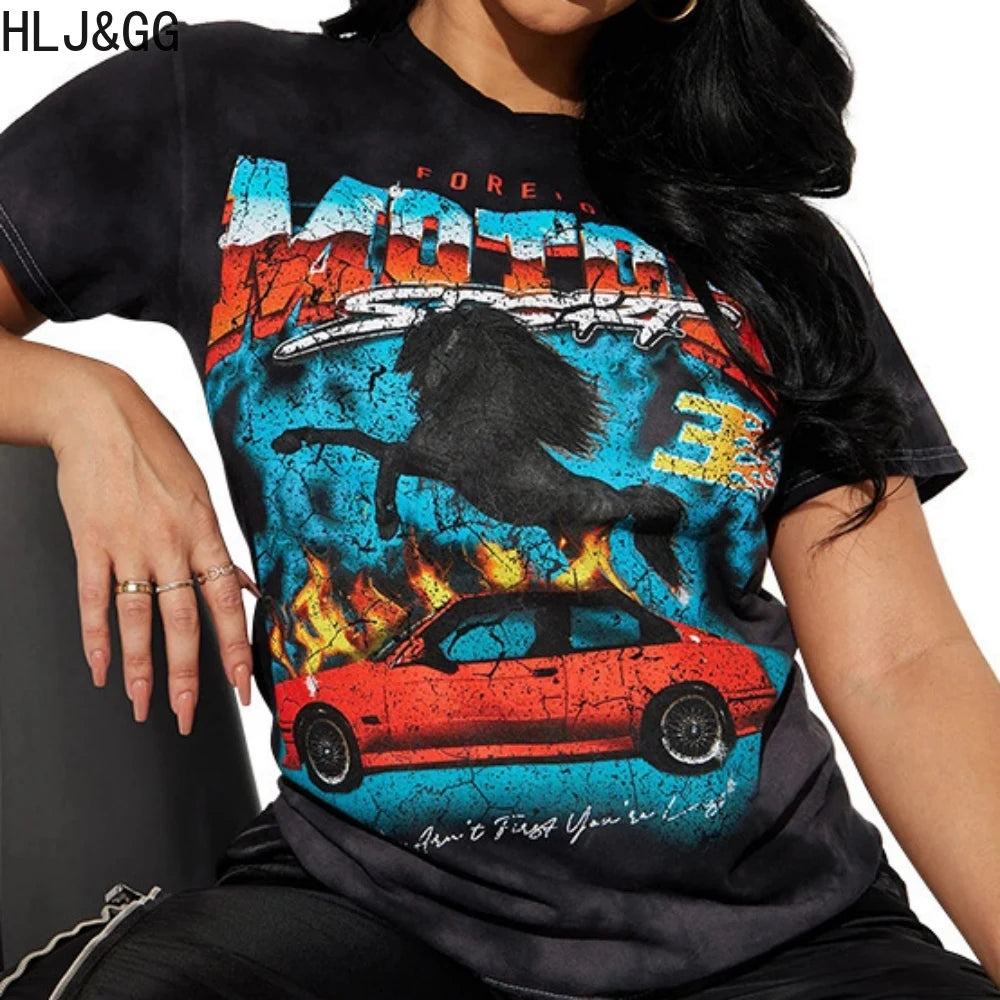HLJ&GG Fashion Pattern Print Loose Tshirts Two Piece Sets Women O Neck Short Sleeve Top + Fur Mini Skirts Outfits Y2K Streetwear