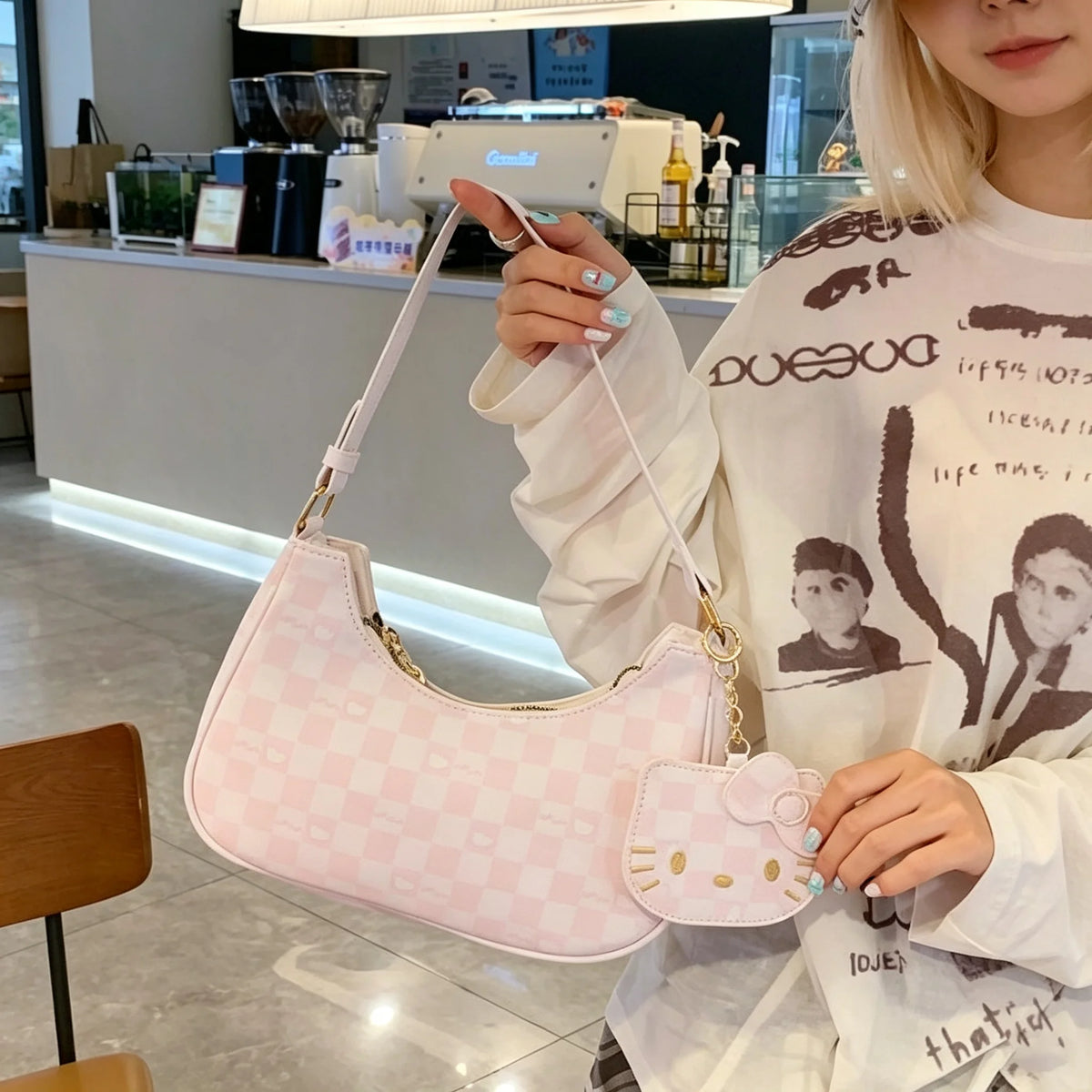 Women Y2K Cute Underarm Shoulder Bag Checkerboard Pattern PU Leather Hobo Bag With Cartoon Pendant Sweet Girls Fashion Daily Handbag Purse