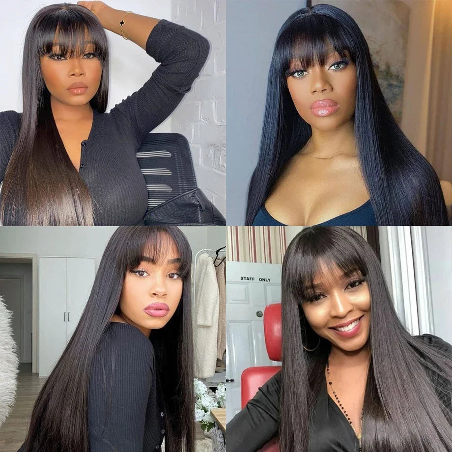 Straight Human Hair Wig With Bangs Fringe 3x1 HD Lace Frontal Wigs Bone Straight Glueless Front Wigs Human Hair Ready To Wear