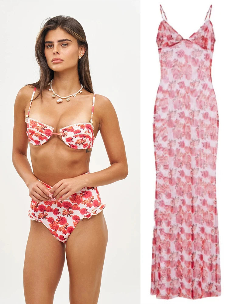 ZRTAK Long Beach Dress Ruffles Bikini Cover Up 2026 Floral Printed Swimsuits Dresses Women Sexy Cover-Ups Summer Swimming Wear