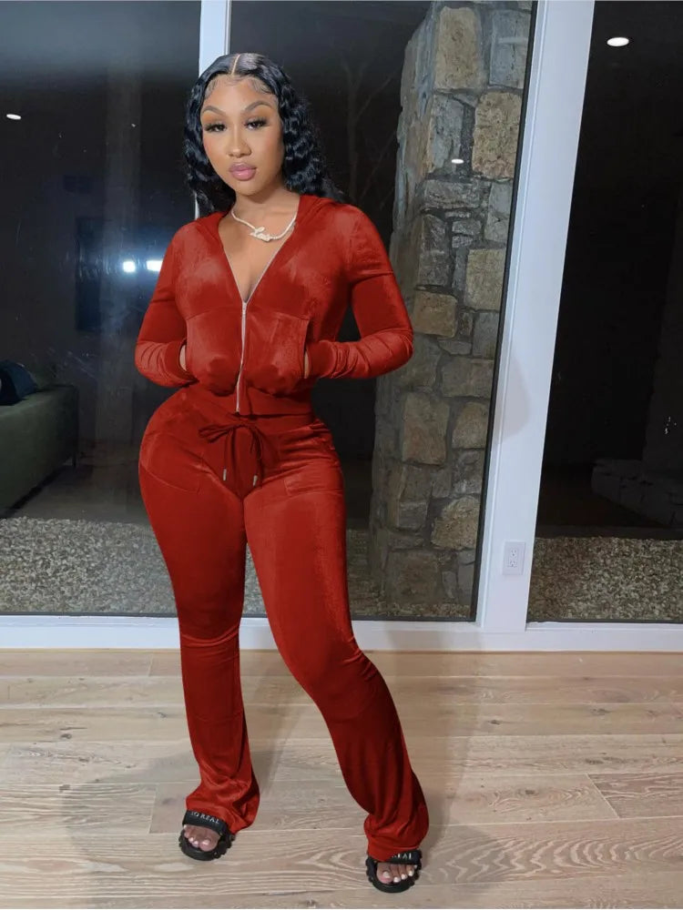 Fashion Sexy Slim 2 Piece Set For Women Casual Solid Hooded Zip Tops+High Waist Pants Sets Outfits Lady Sports Women's Clothing