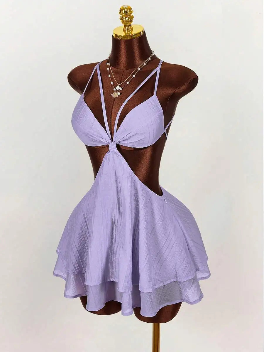 Women Solid Color Cropped Waist Mini Dress With Ruffle Skirt Casual Party Wear