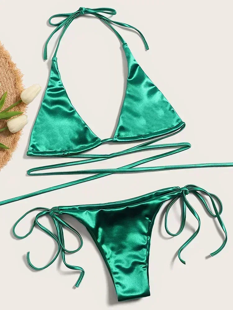 Halter Brazilian Metallic Satin Bikini  Swimwear, Swimsuit Two-pieces Bikini Set High Cut Bathing Suit Swim Beachwear