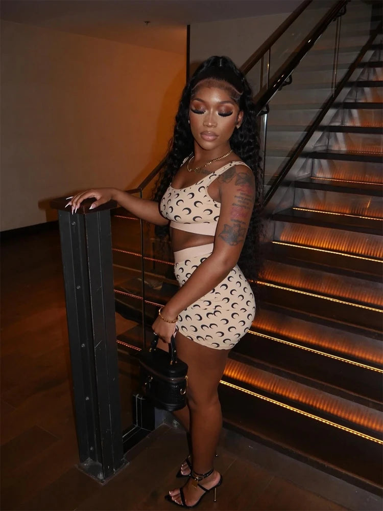 STYLISH LADY Moon Printed 2 Piece Set Women Sleeveless Crop Top and Shorts Suits 2025 Summer Sexy Club Party Fitness Outfits