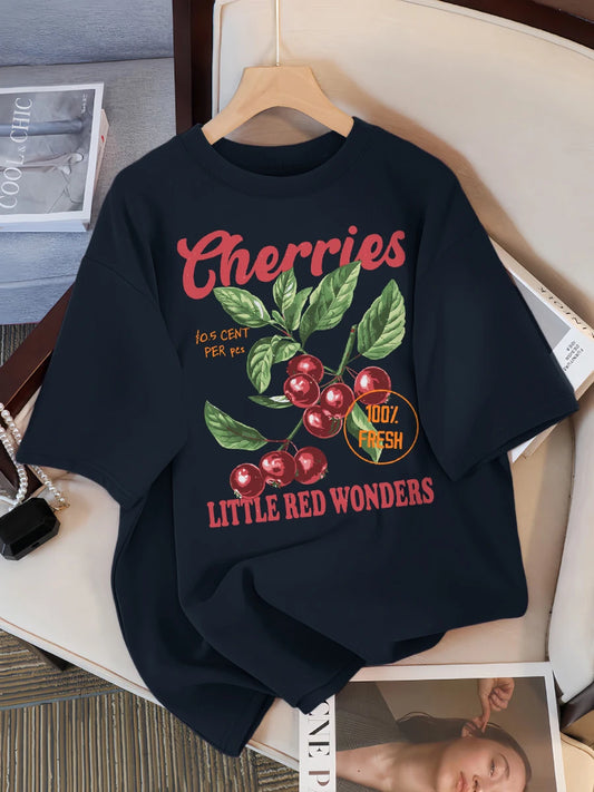 Cherries 100% Fresh Little Red Wonders Design Women T-Shirt Casual Loose T Shirts Hip Hop Cotton Sportswear Summer Soft Top