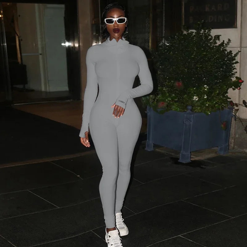Fashion Workout Active Wear Ribbed Rompers Womens Jumpsuit Long Sleeve Fitness Embroidery Lucky Label Letter Zipper Jumpsuits