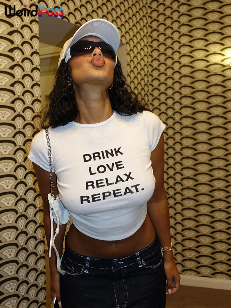 Weird Puss Casual T-Shirt Monogram Y2K  Women Shorts Sleeve Shirring Crop Tops Chic Hot Hot Girl Wild Streetwear Tees
