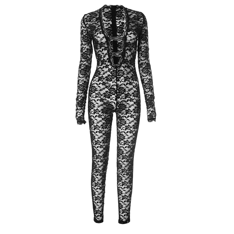 Weird Puss Sexy Jacquard Jumpsuit Women Sexy Mesh Patchwork Low-Neck Hollow Full Sleeve Skinny Midnight Party Clubwear Overalls