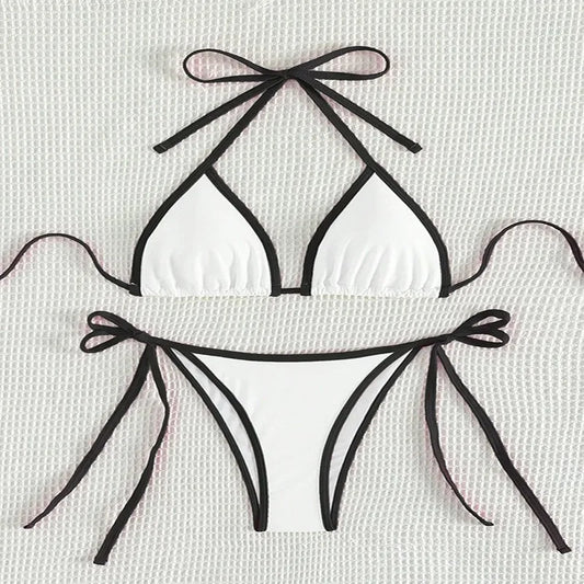 Contrast Color Patchwork Bikinis Bathing Suit Women Sexy Lace Up Triangle Thong Micro Bikini 2025 New Swimwear Biquini Beachwear