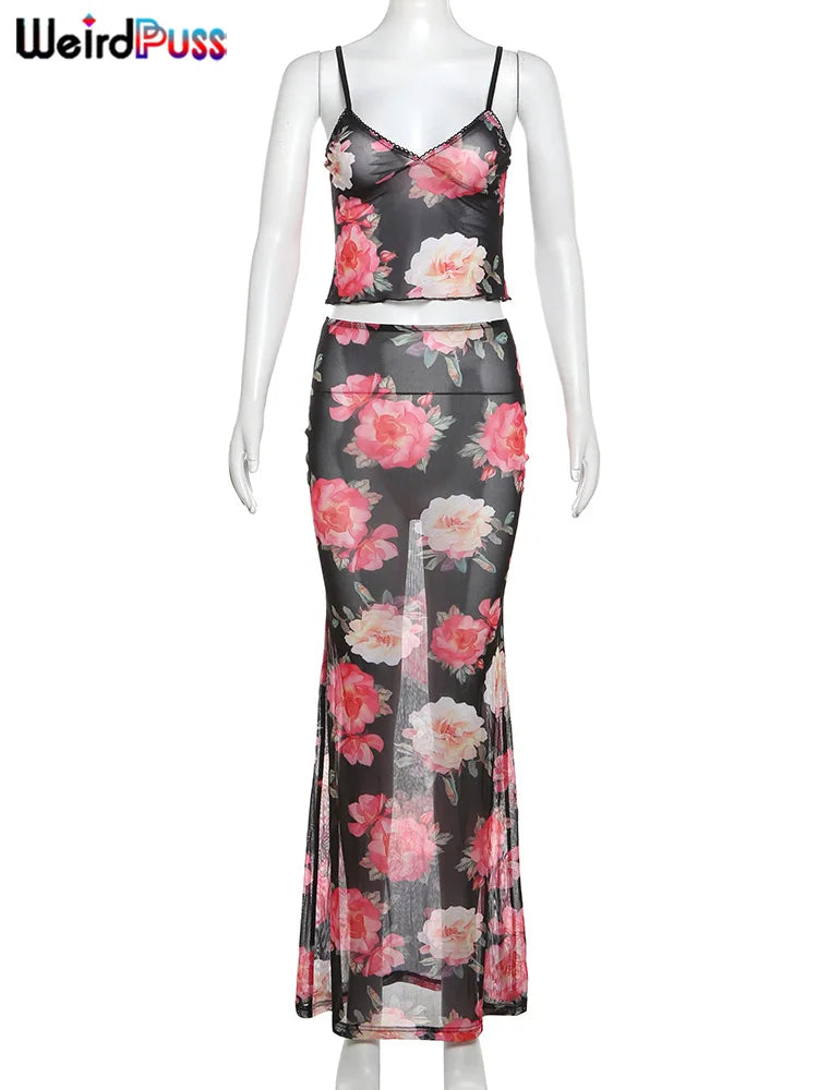 Weird Puss Summer Sheer Women 2Piece Set Side Split Slim Long Skirt+V Neck Camisole Ladies Sexy Vacation Party Matching Suits