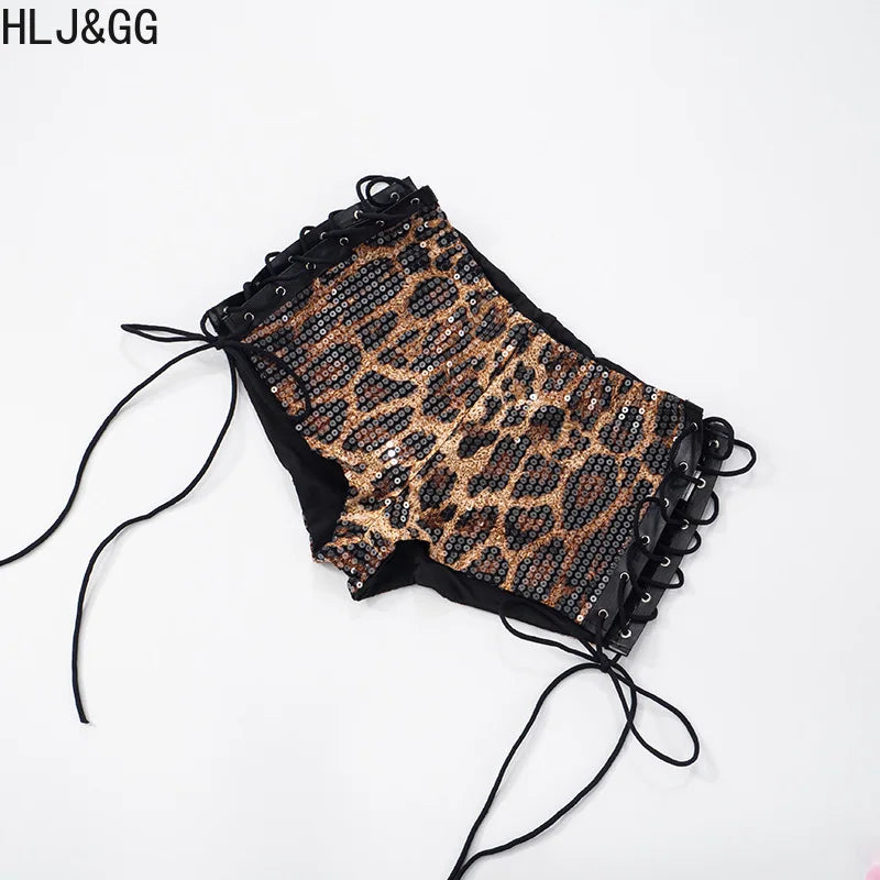 HLJ&GG Y2K Fashion Cherry Tshirts Two Piece Sets Women O Neck Short Sleeve Slim Crop Top + Bandage Sequin Leopard Shorts Outfits
