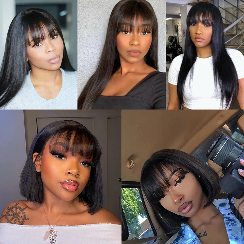 Wiggogo 3X1 Middle Part Lace Wig Bone Straight Human Hair Wig With Bangs Full Machine Made Straight Human Hair Wigs For Women