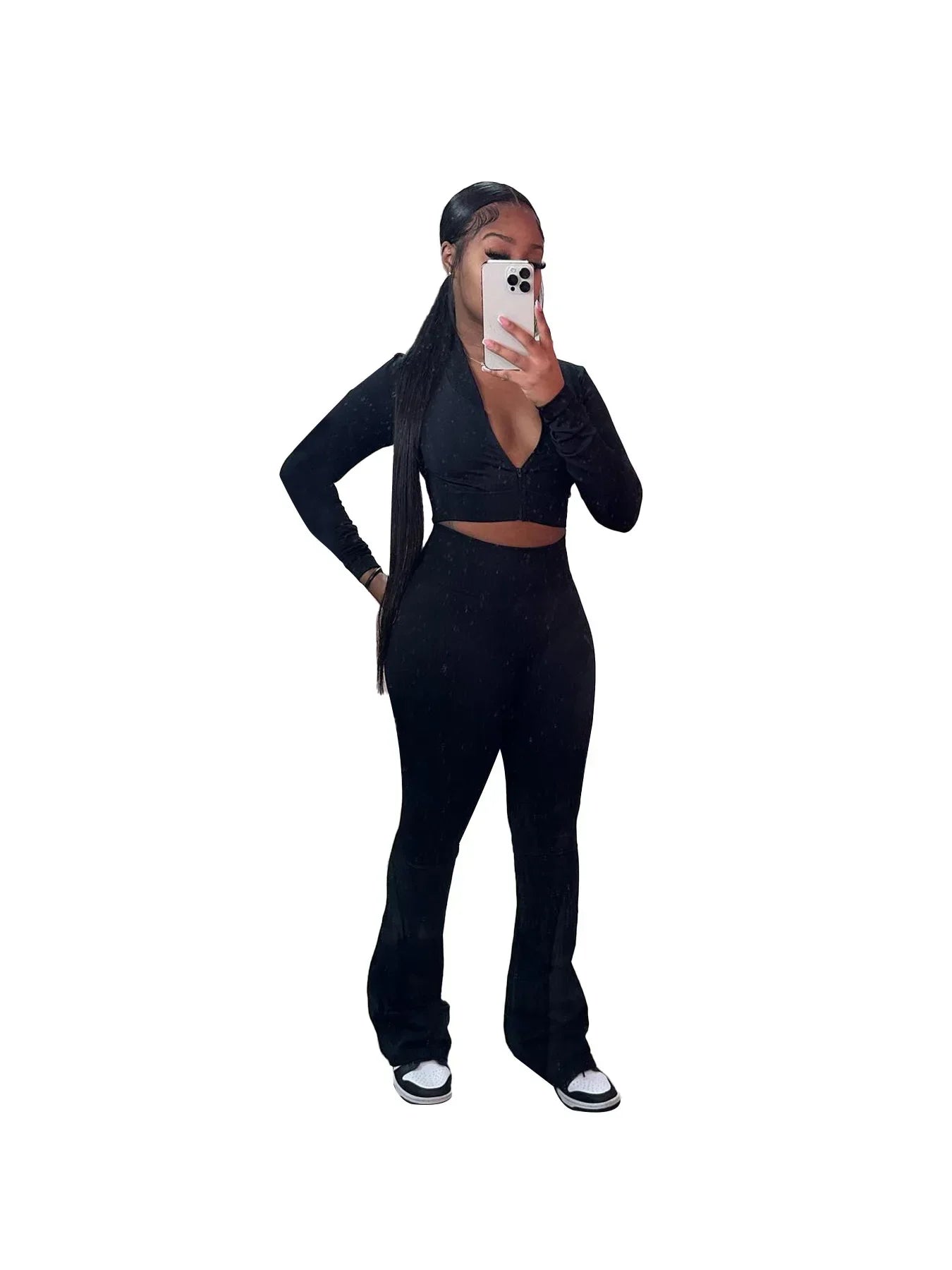 HLJ&GG Casual Solid Bodycon 3 Piece Sets Outfit Women Slim Crop Tops + High Waist Flare Pants Long Sleeves Coats Tracksuits 2024