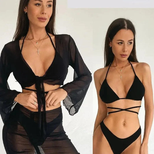 4PCS Sexy Micro Bikini Set Swimwear Women Swimsuit Solid Black Biquini Set Beach Wear Bathing Suit 2025 Mujer Купальник
