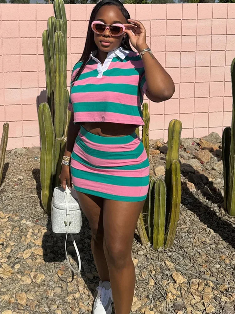 Kricesseen Women's Striped Skirt Set Two-Piece, Girls Short Sleeve Shirt Top And Matching skirt Set Sporty Overalls Active Wear