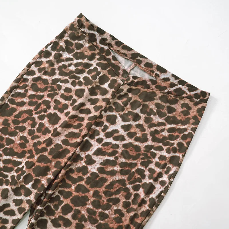 Weird Puss Sexy 3 Piece Set Women Leopard Print Mesh Full Sleeve Shawl+Bandage Metal Buckle Bra+Pants Street Trend Matching Suit