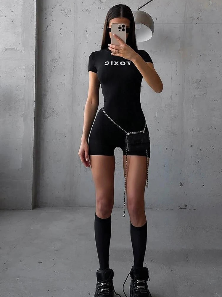 Weird Puss Letter Print Fashion Romper Women Body-Shaping  o-Neck Mini Sleeve Tight Peach Hip Casual Simple Workout Playsuits