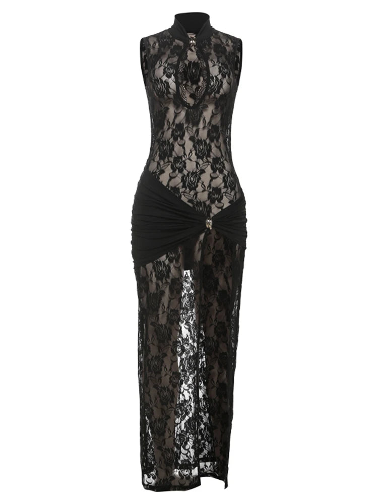 Weird Puss Sexy Solid Dress Women 2025 Summer Sleeveless Lace High Stretch Midnight club Asymmetrical Graphics Metal Knot Slit