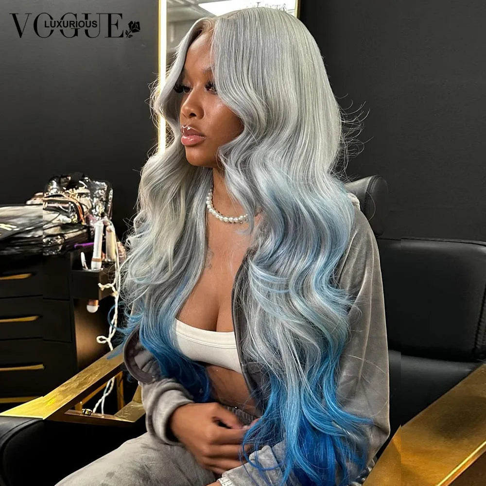 Omber Grey Blue Body Wave 100% Real Human Hair Wig 200% Density Pre Cut Remy Wigs Salon Hair Coloring Wig 13x6 Lace Front Wigs