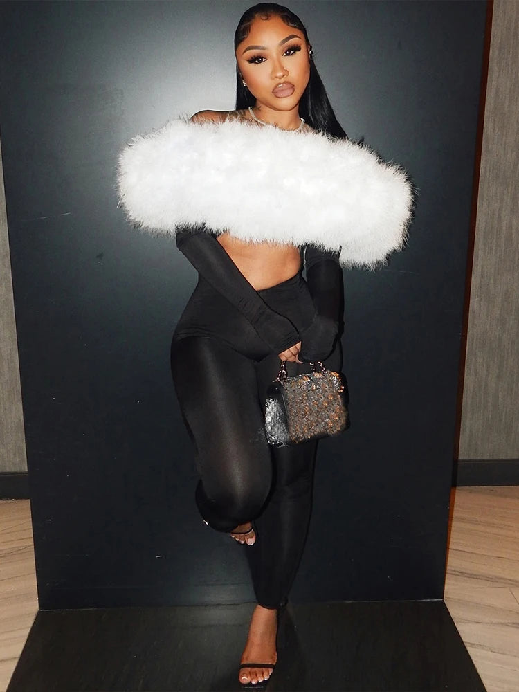 Furry Slash Neck Hollow Patchwork Jumpsuit — Women's Luxury