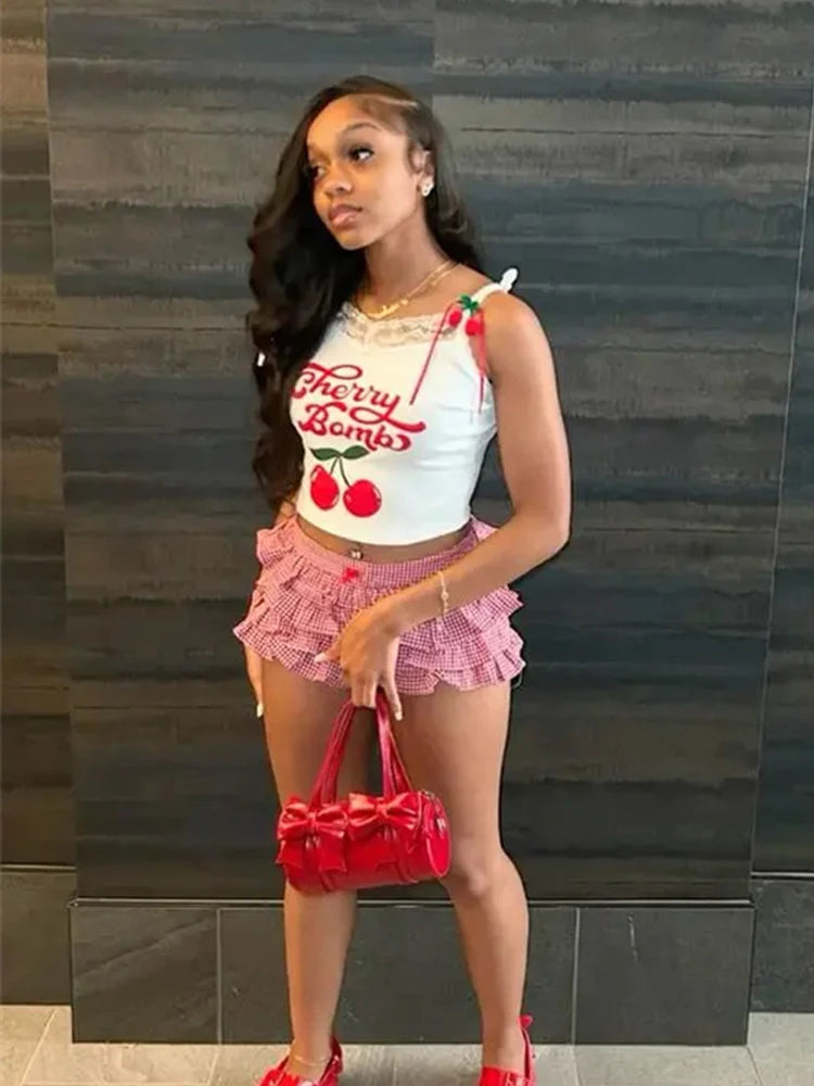 Weird Puss Y2K Tierred Shorts Women Summer Low-waist Plaid Sweet Cake Style Skinny Culotes Street Hottie Trend Party Clubwear