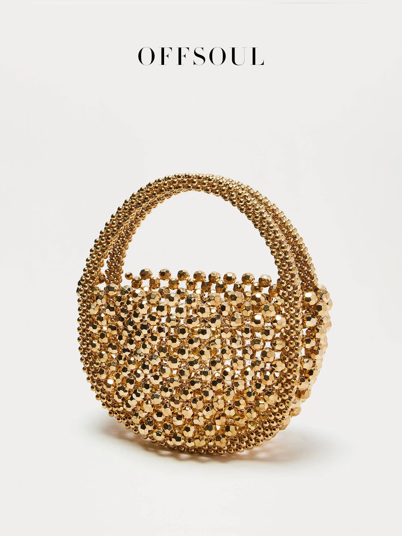 Hollow Hand-Made Metal Sense Gold Beads Woven Handbag Half-Round String Beads Pearl Bag Round Handbag