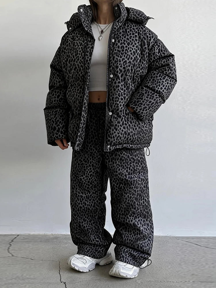 Casual Leopard Printed Hooded Puffer Jacket Pants Set Oversized Zip Up Warm 2026 Winter Women Outdoor Outfit Streetwear Suits