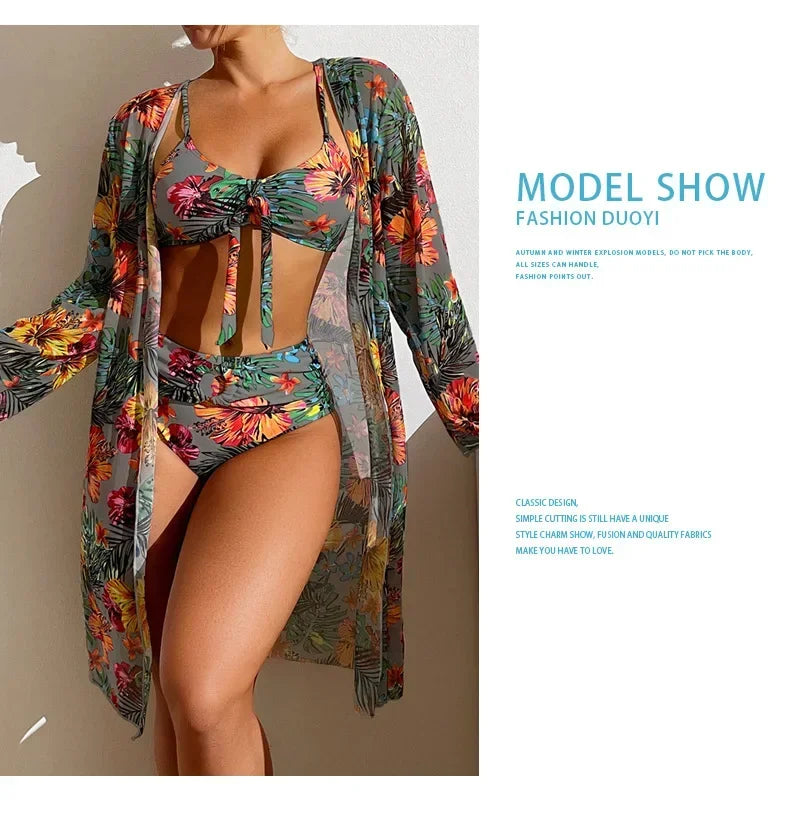 Bohemian Print Sexy Women's Beach Bikinis Three Pieces Bikini Set Cover Up Swimwear High Waisted Bikini Set Women Swimsuit 2025