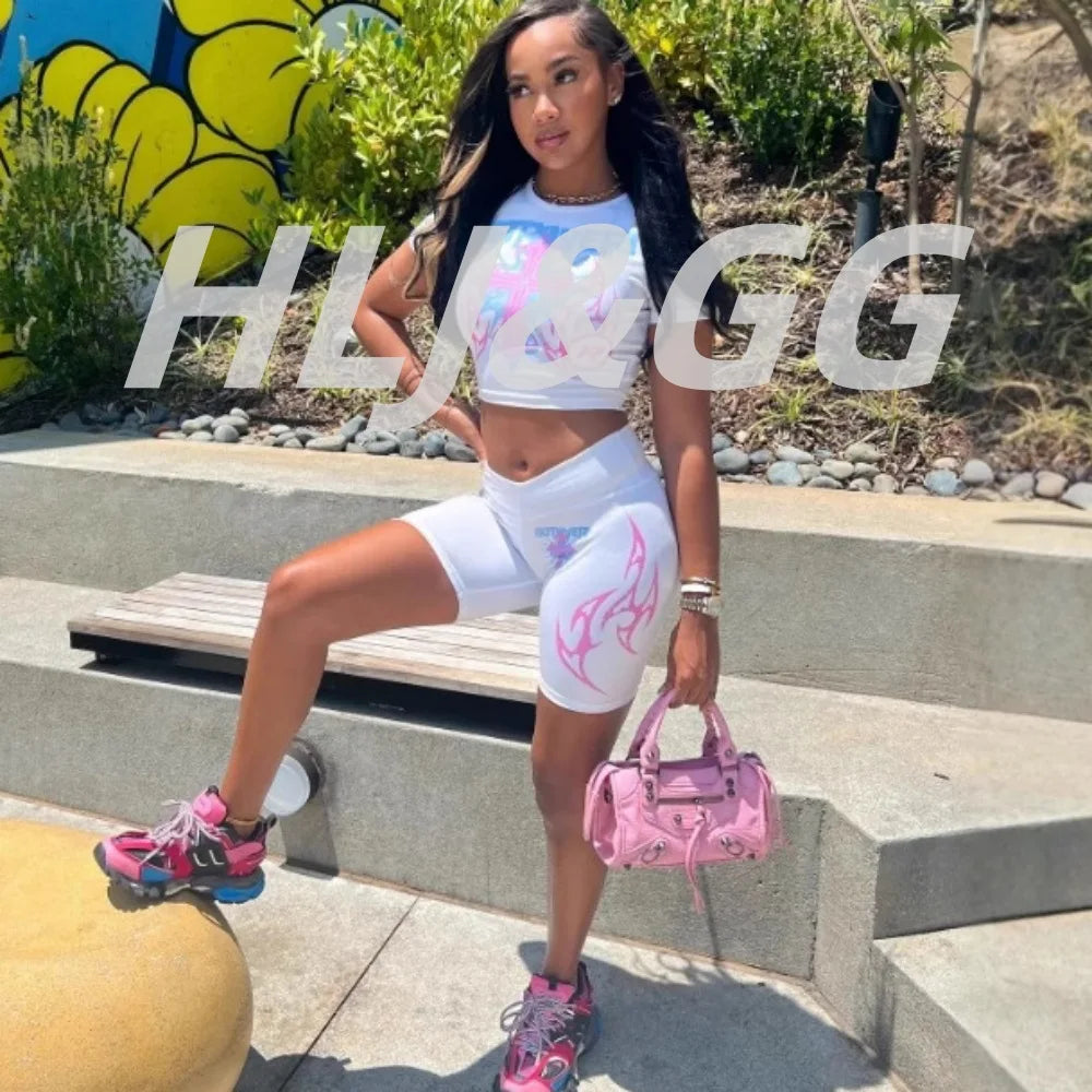 HLJ&GG White Summer Trend Y2K Letter Print Two Piece Sets Women Round Neck Short Sleeve Slim Crop Top And Skinny Shorts Outfits