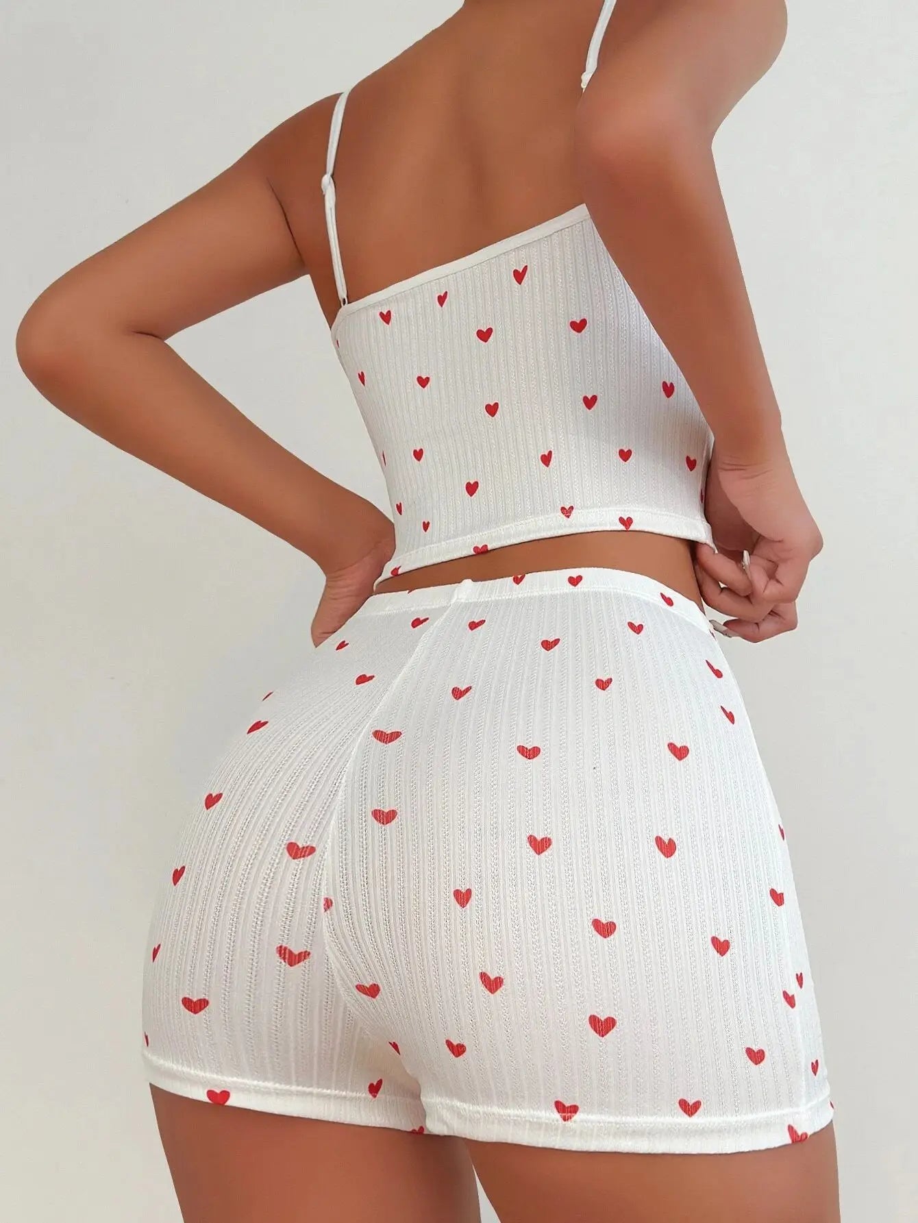 Spring Summer Heart Print Casual Pajamas Set for Women Sleepwear Backless Crop Cami Top High Waist Skinny Shorts Loungewear