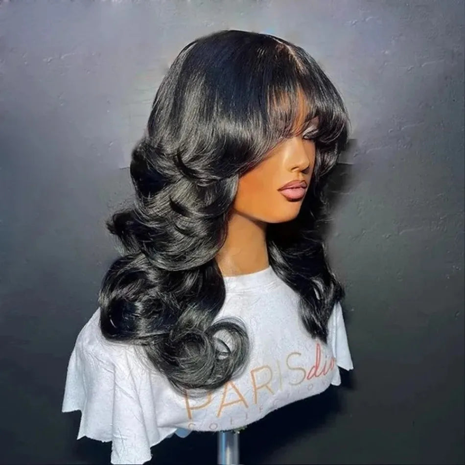 3x1 Middle Part Lace Wig Body Wave Cheap Wigs Full Machine Made Human Hair Wig with Bangs for Women on Clearance Sale Front