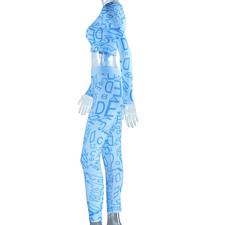 STYLISH LADY Letter Printed Sporty 2 Piece Set Women Long Sleeve Crop Top and Skinny Pant Suits 2025 Summer Sexy Street Outfits
