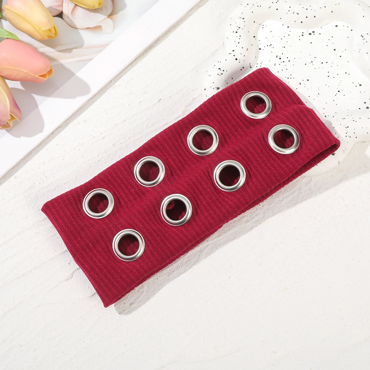 AWAYTR Punk Girl Fabric Hollow Elastic Headbands Metal Rock Personalized Hollow Eyelets Hair Band Casual Sports Grommet Headband