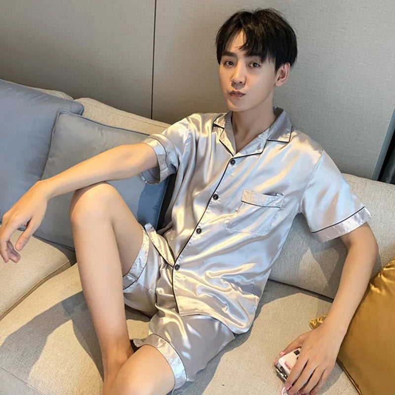 Summer New Pajamas For Man Big Size Satin Mens Pajama Sets Shorts Silk Short Sleeve Sleepwear Home Pijama Night Wear Loungewear