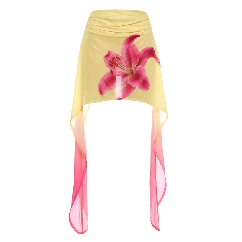 Kliou Flower Print Mini Skirts Woman Elastic Waist Gradient Mesh Tassel Decoration Summer Vacation Beach Party Style Bottoms