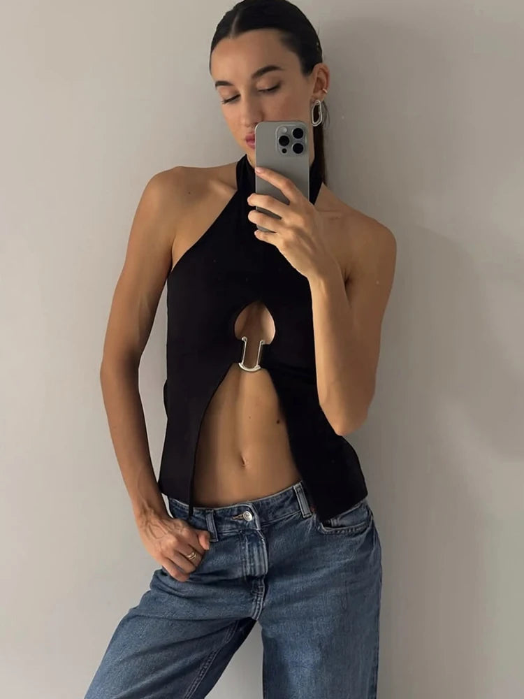 Weird Puss Metal Ring Tank Tops Women Y2K Chic Split Navel Backless Coquette Buttons Halter Sexy Hottie Midnight Wild Basic Vest