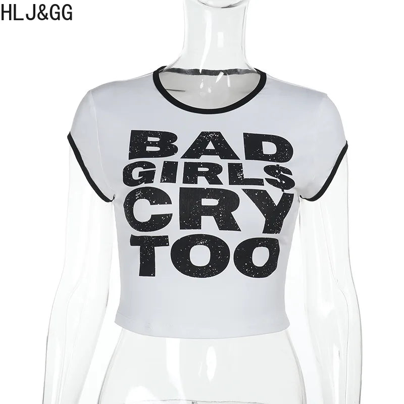 HLJ&GG Summer New Letter Print Tshirts Two Piece Sets Women O Neck Short Sleeve Crop Top And Denim Mini Skirts Outfit Streetwear