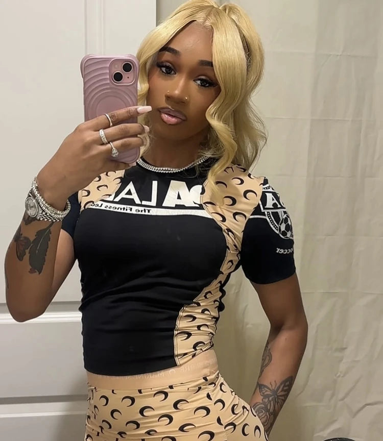STYLISH LADY Letter Moon Printed 2 Piece Set Women Short Sleeve T Shirt and Shorts Suits 2025 Summer Sexy Club Party Outfits