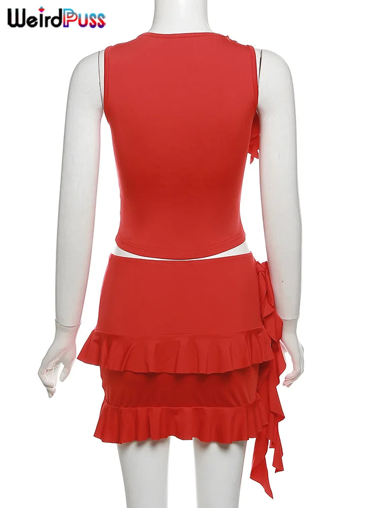 Weird Puss Women 2Piece Set Double-Deck Pleated Tassel Mini Skirt+Bandage Slim Tank Top Festival Party Sexy Matching Outfits