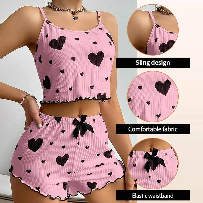 Cherry Temptation Home Love Print Flowing-Sleeve Short Pants for Casual Wearing, Women's Sleepwear Set