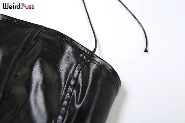 Weird Puss Faux Leather Sexy 2 Piece Set Women Hipster Strapless Shirring Hollow Strapless Tops+Shorts Midnight Clubwear Outfits