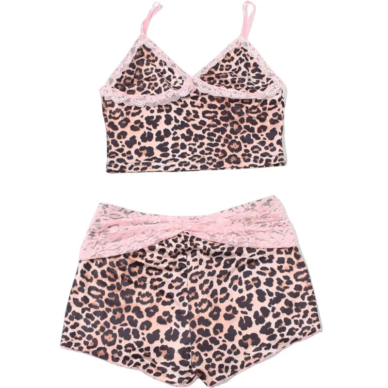 HLJ&GG Fashion Leopard Lace Stitching Two Piece Sets Women V Neck Spaghetti Strap Slim Crop Top + Shorts Outfits Sexy Streetwear