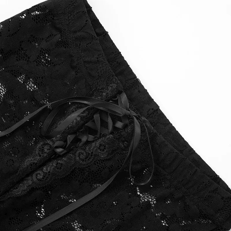 HLJ&GG Y2K Fashion Lace Bandage Hollow Out Two Piece Sets Women Off Shoulder Short Sleeve Slim Crop Top And Ruffle Shorts Outfit