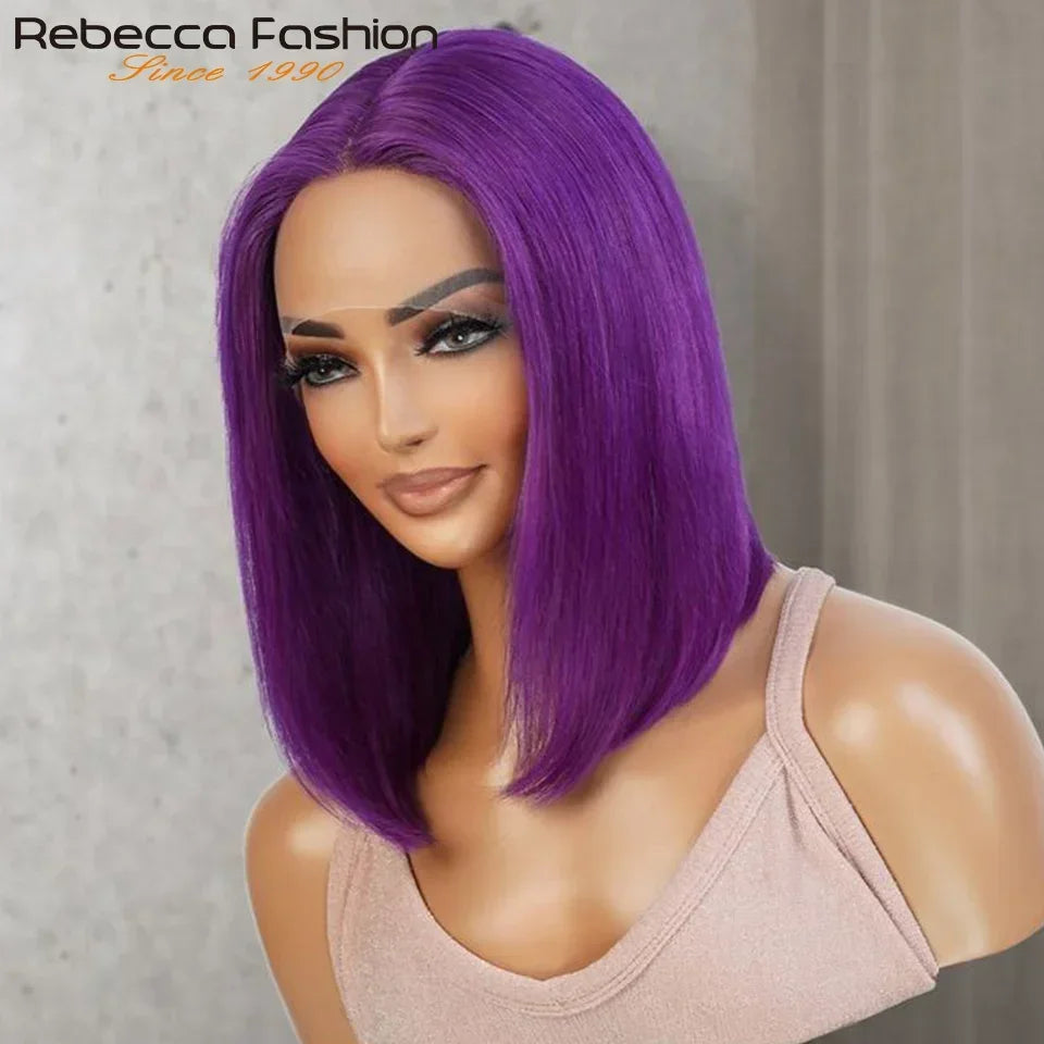 Brazilian Cosplay Purple Hair 13x5x1 T Part Transparent Lace Front Human Hair Wigs 180D  Short Straight Lace Bob Wigs Human Wigs