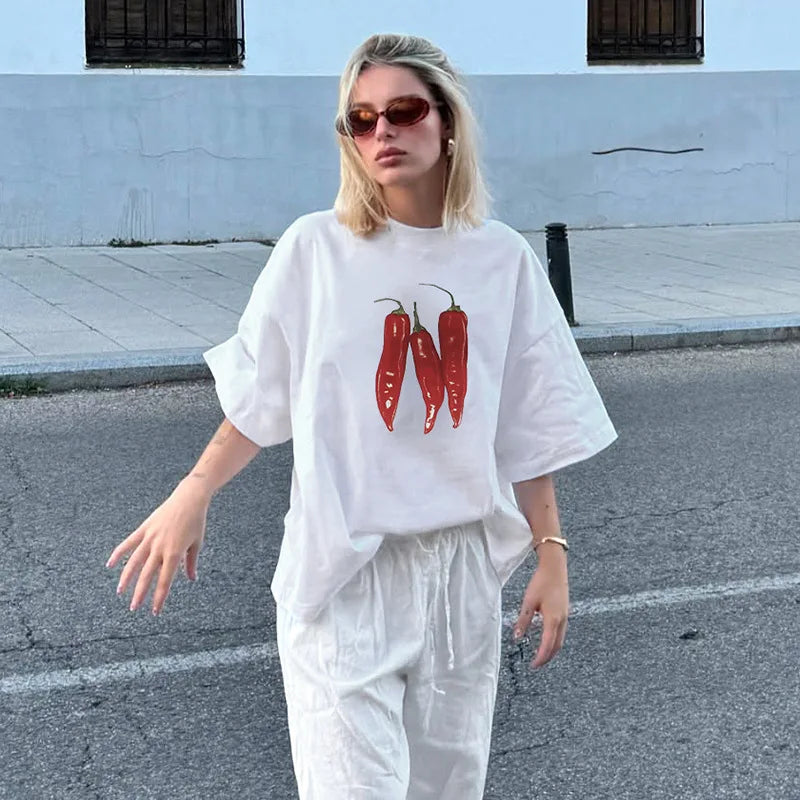 STYLISH LADY Chili Printed T Shirts 2025 Summer Women Short Sleeve O Neck Casual Loose White Streetwear Tops Tees
