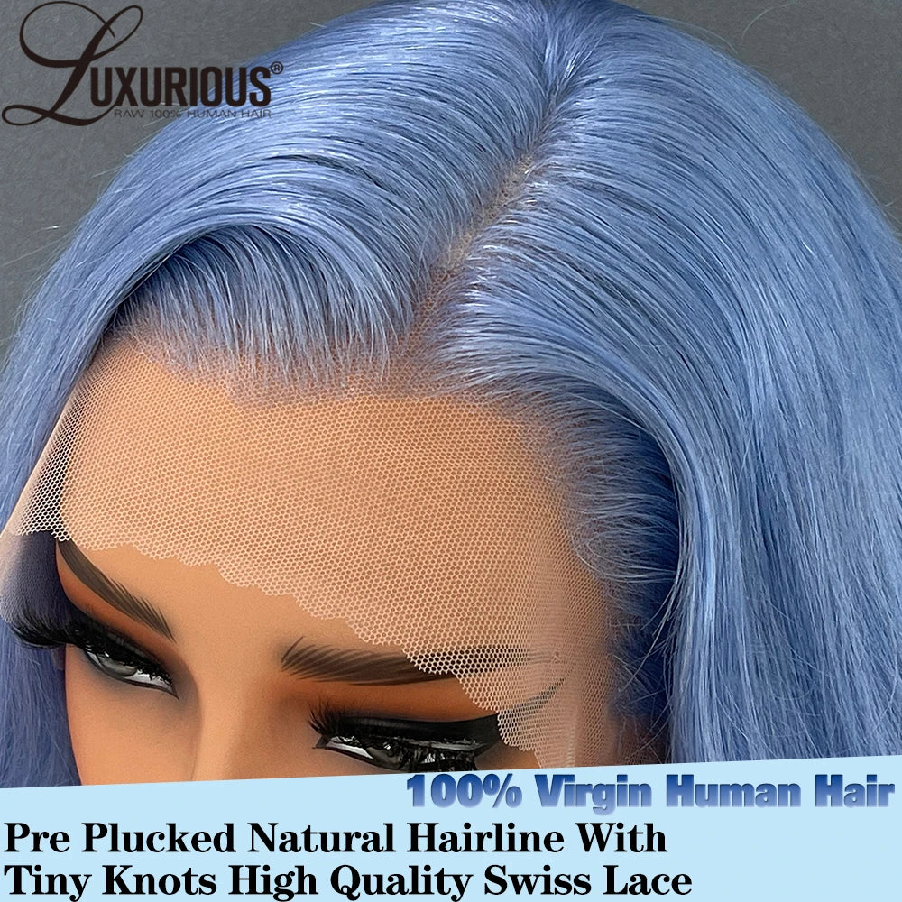 Luxurious 180% Density Ice Blue Virgin Human Hair Wigs 13x4 Body Wave Swiss Transparent Lace Front Wigs With Natural Hairline